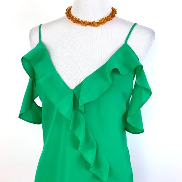 Amanda Uprichard Silk Ruffle Front Spaghetti Strap Cami Top Kelly Green Medium - Picture 11 of 16
